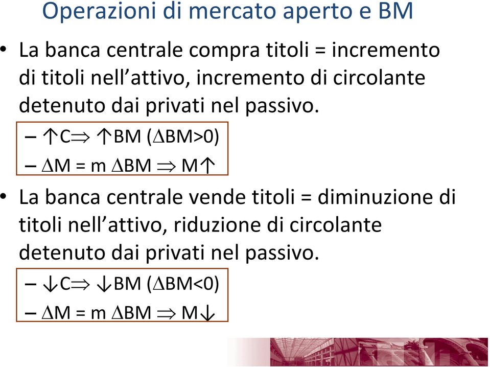 C BM ( BM>0) M = m BM M La banca centrale vende titoli = diminuzione di titoli nell