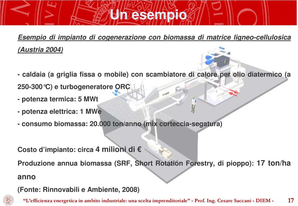 000 ton/anno (mix corteccia-segatura) Costo d impianto: circa 4 milioni di Produzione annua biomassa (SRF, Short Rotation Forestry, di pioppo): 17