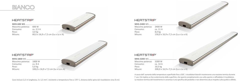 8 A Peso: 5,0 kg Misure: 100,0 x 16,9 x 7,5 cm (Lu x La x A) Cavo incluso (1,5 m lunghezza, 3 x 1,5 mm 2, resistente a temperatura fino a 170 C, distanza della spina dal riscaldatore circa 8 cm)