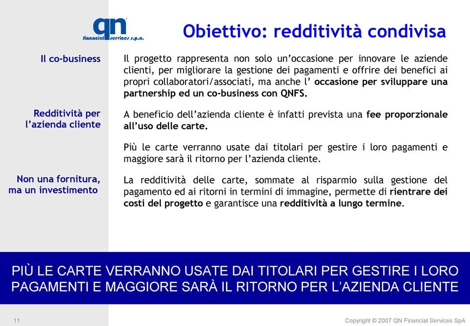 A beneficio dell azienda cliente è infatti prevista una fee proporzionale all uso delle carte.