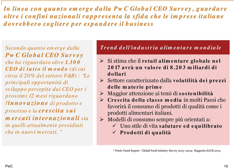 300 CEO di tutto il mondo (di cui circa il 20% del settore F&B) : Le principali opportunità di sviluppo percepite dai CEO per i prossimi 12 mesi riguardano l'innovazione di prodotto e processo e la