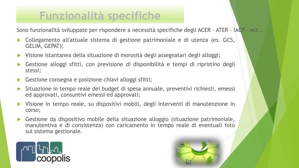 Gestione consegna e posizione chiavi alloggi sfitti; Situazione in tempo reale dei budget di spesa annuale, preventivi richiesti, emessi ed approvati, consuntivi emessi ed approvati; Visione in tempo