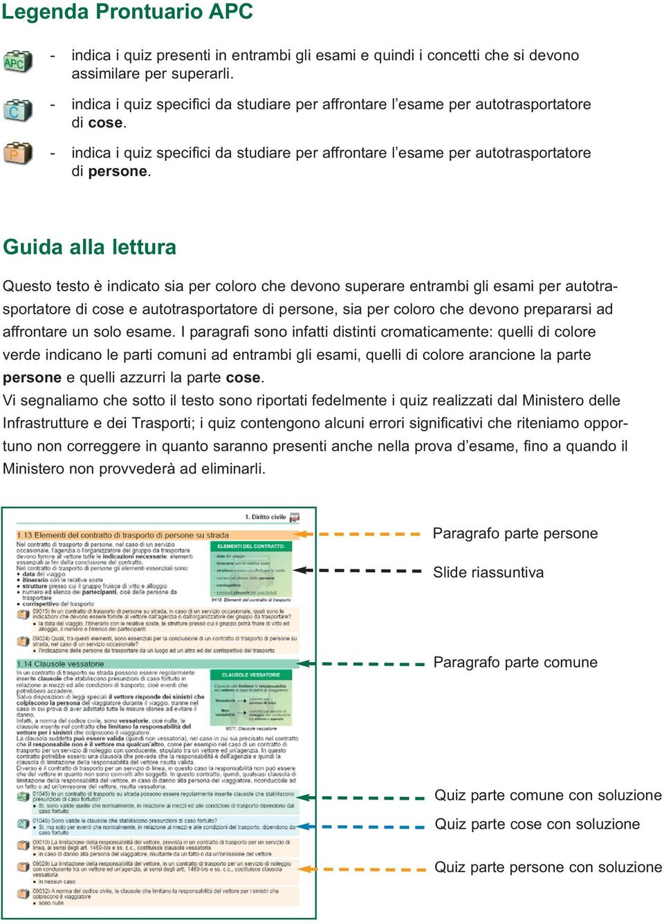 Guida alla lettura Questo testo è indicato sia per coloro che devono superare entrambi gli esami per autotrasportatore di cose e autotrasportatore di persone, sia per coloro che devono prepararsi ad