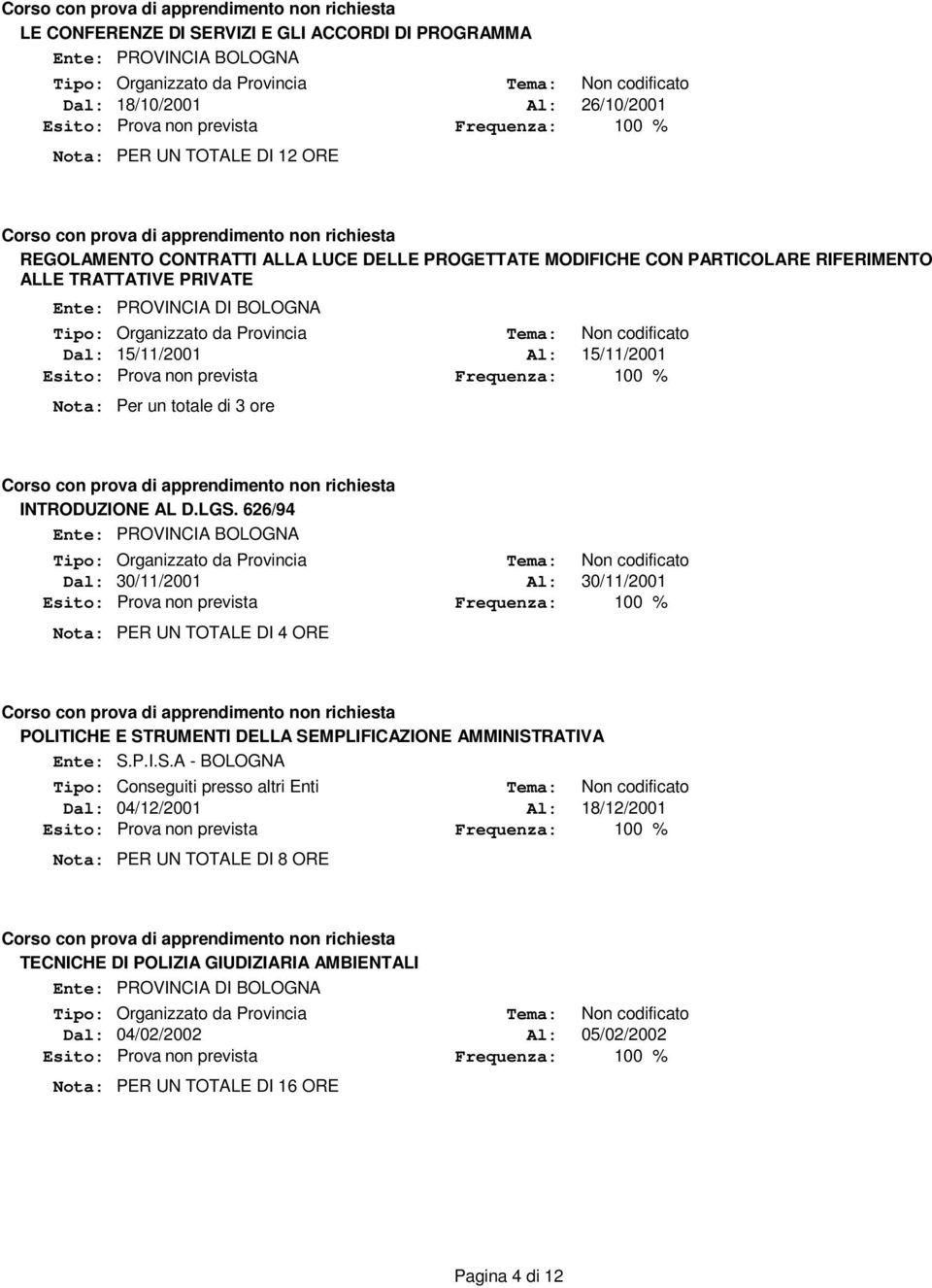 626/94 Ente: PROVINCIA BOLOGNA Dal: 30/11/2001 Al: 30/11/2001 Nota: PER UN TOTALE DI 4 ORE POLITICHE E ST