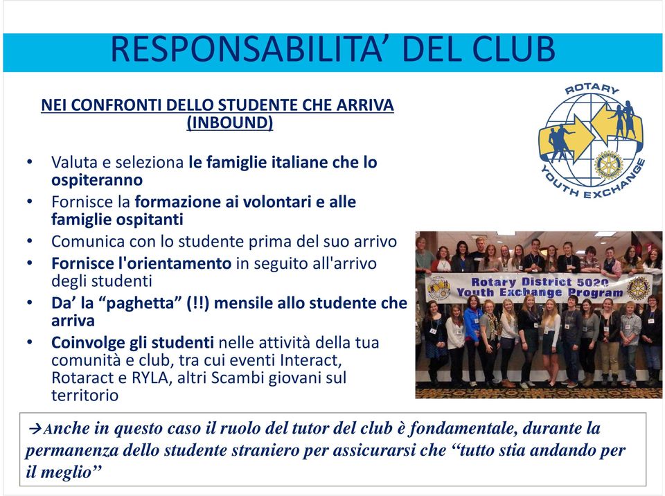 !) mensile allo studente che arriva Coinvolge gli studenti nelle attività della tua comunità e club, tra cui eventi Interact, Rotaract e RYLA, altri Scambi giovani sul