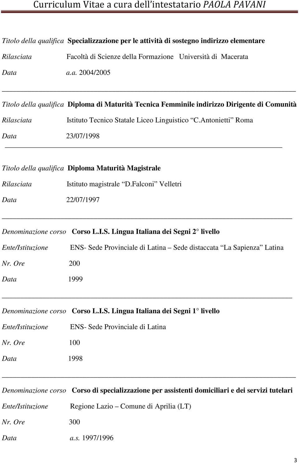 Lingua Italiana dei Segni 2 livello ENS- Sede Provinciale di Latina Sede distaccata La Sapienza Latina Nr. Ore 200 Data 1999 Denominazione corso Corso L.I.S. Lingua Italiana dei Segni 1 livello ENS- Sede Provinciale di Latina Nr.