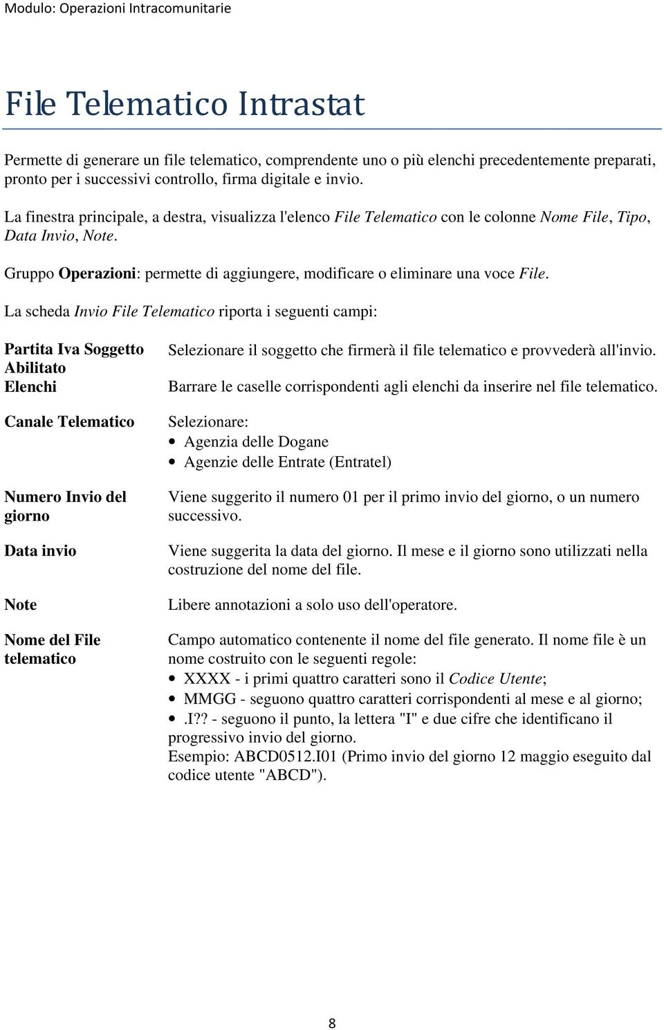 La scheda Invio File Telematico riporta i seguenti campi: Partita Iva Soggetto Abilitato Elenchi Canale Telematico Numero Invio del giorno Data invio Note Nome del File telematico Selezionare il