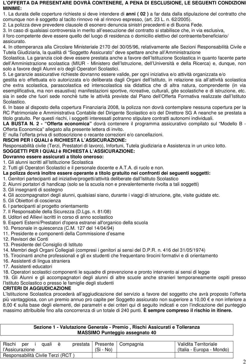 2. La polizza deve prevedere clausole di esonero denuncia sinistri precedenti e di Buona Fede. 3.