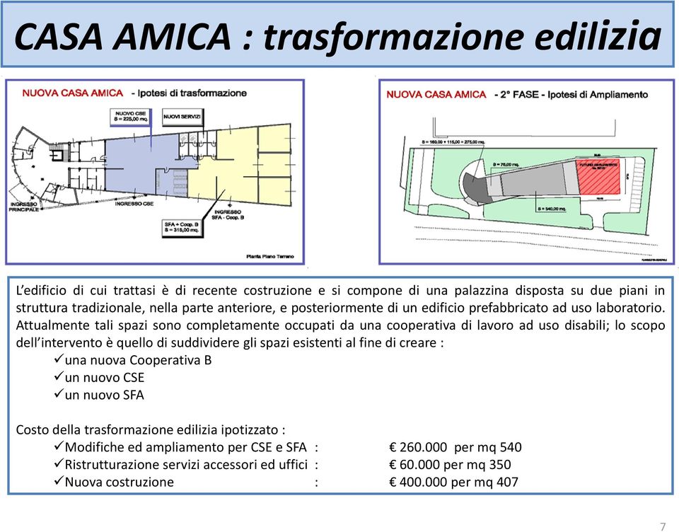 Attualmente tali spazi sono completamente occupati da una cooperativa di lavoro ad uso disabili; lo scopo dell intervento è quello di suddividere gli spazi esistenti al fine di