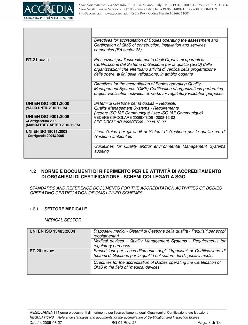 progettazione delle opere, ai fini della validazione, in ambito cogente Directives for the accreditation of Bodies operating Quality Management Systems (QMS) Certification of organizations performing