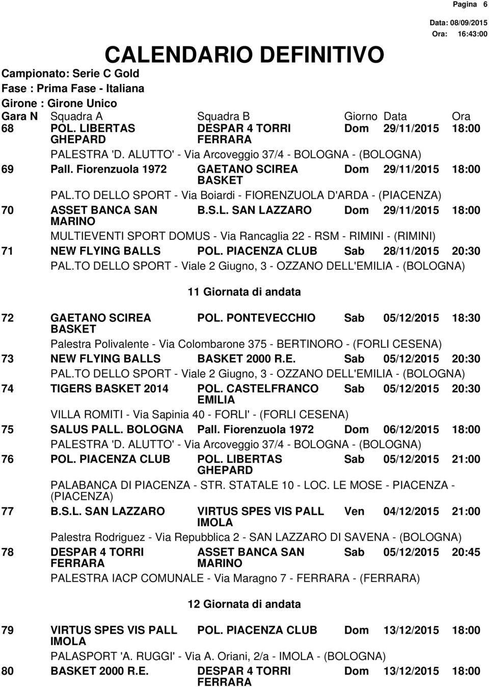 PONTEVECCHIO Sab 05/12/2015 18:30 73 NEW FLYING BALLS 2000 R.E. Sab 05/12/2015 20:30 PAL.TO DELLO SPORT - Viale 2 Giugno, 3 - OZZANO DELL' - (BOLOGNA) 74 TIGERS 2014 POL.