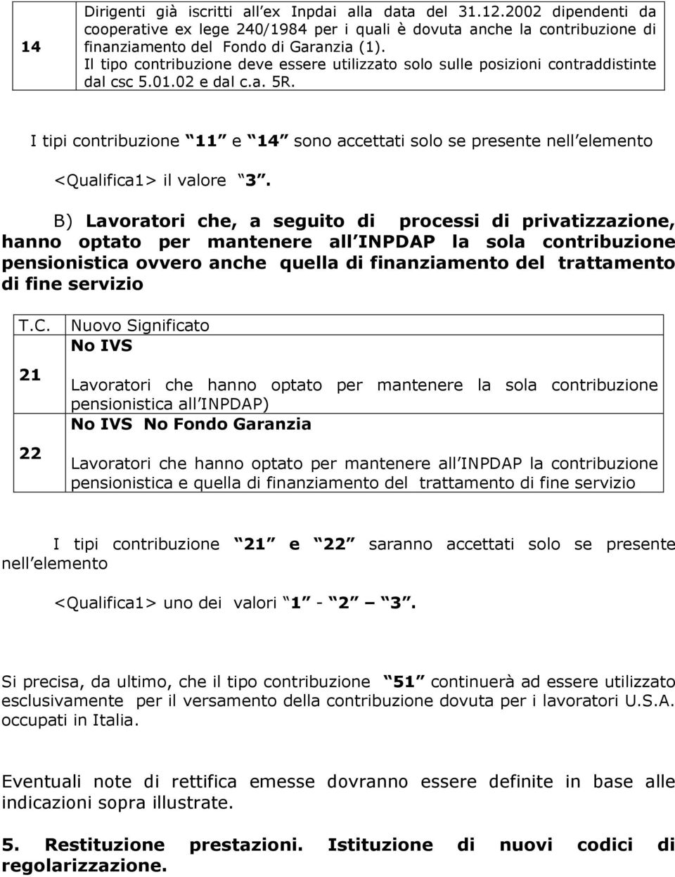 I tipi contribuzione 11 e 14 sono accettati solo se presente nell elemento <Qualifica1> il valore 3.