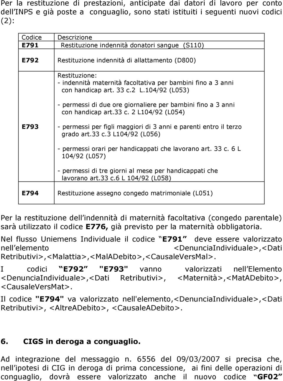 104/92 (L053) - permessi di due ore giornaliere per bambini fino a 3 anni con handicap art.33 c. 2 L104/92 (L054) E793 - permessi per figli maggiori di 3 anni e parenti entro il terzo grado art.33 c.3 L104/92 (L056) - permessi orari per handicappati che lavorano art.