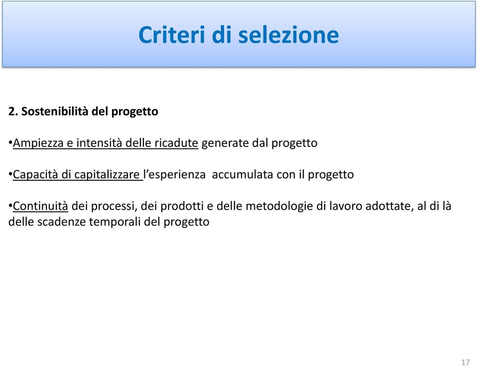 progetto Capacità di capitalizzare l esperienza accumulata con il progetto