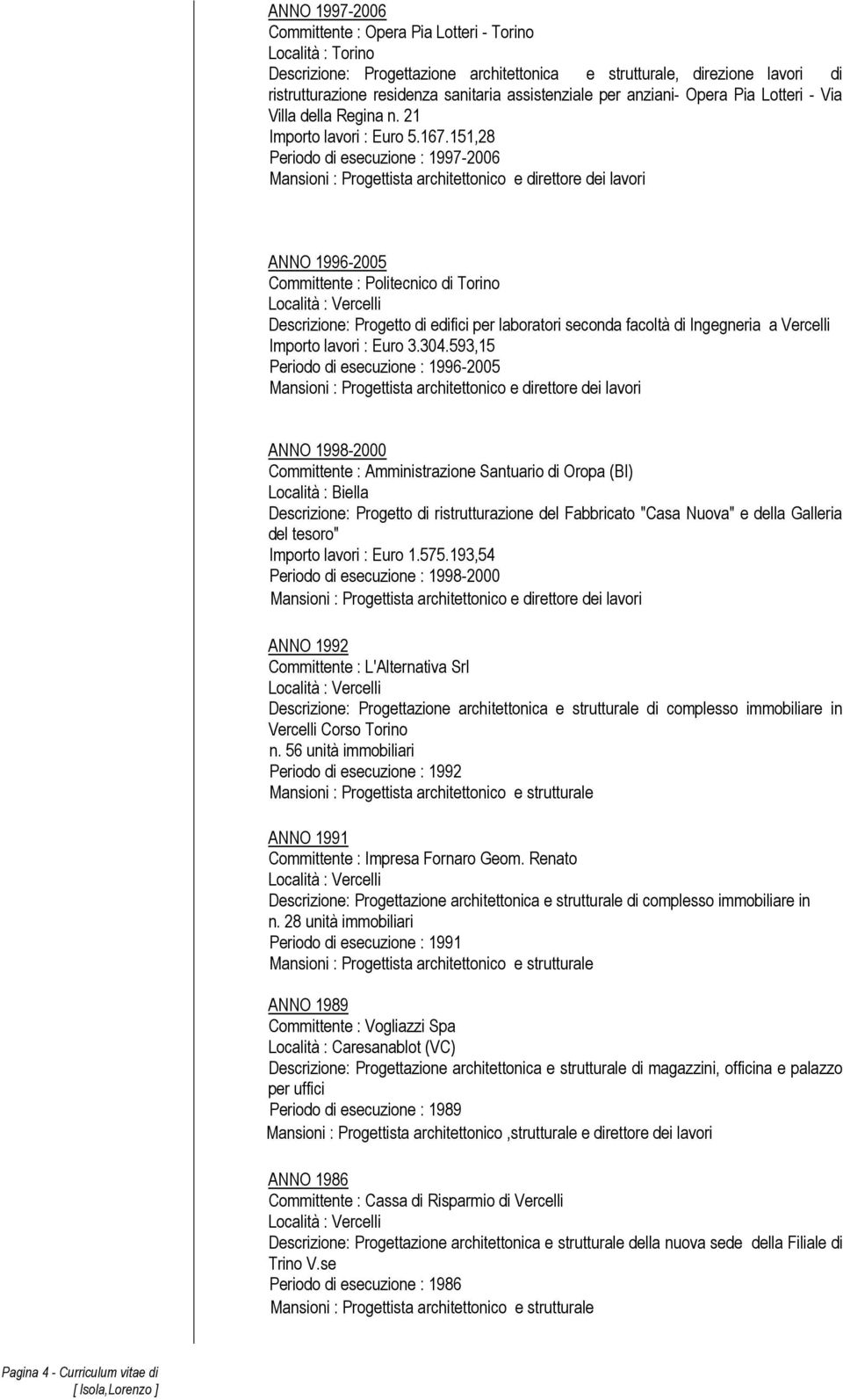 151,28 Periodo di esecuzione : 1997-2006 Mansioni : Progettista architettonico e direttore dei lavori ANNO 1996-2005 Committente : Politecnico di Torino Descrizione: Progetto di edifici per