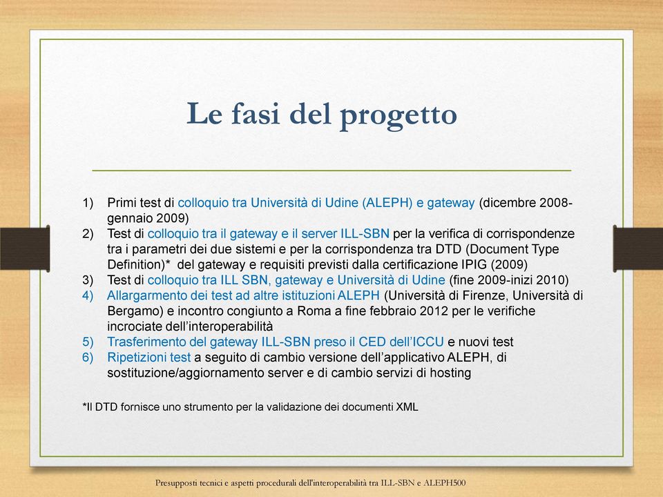 ILL SBN, gateway e Università di Udine (fine 2009-inizi 2010) 4) Allargarmento dei test ad altre istituzioni ALEPH (Università di Firenze, Università di Bergamo) e incontro congiunto a Roma a fine