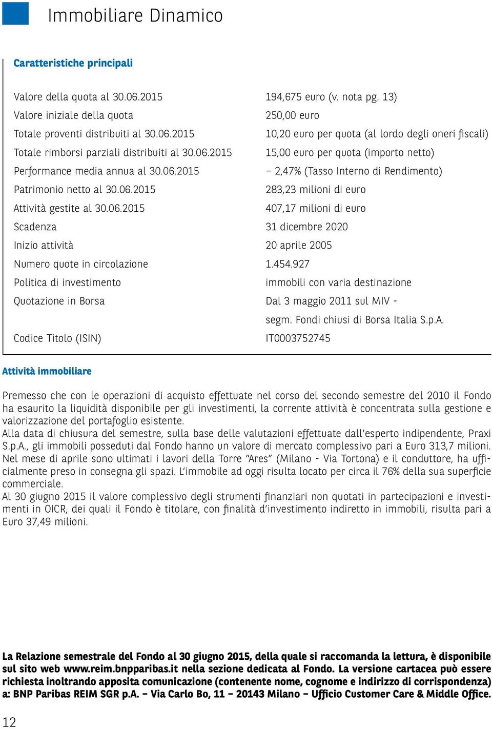 454.927 Politica di investimento immobili con varia destinazione Quotazione in Borsa Dal 3 maggio 2011 sul MIV - segm. Fondi chiusi di Borsa Italia S.p.A.