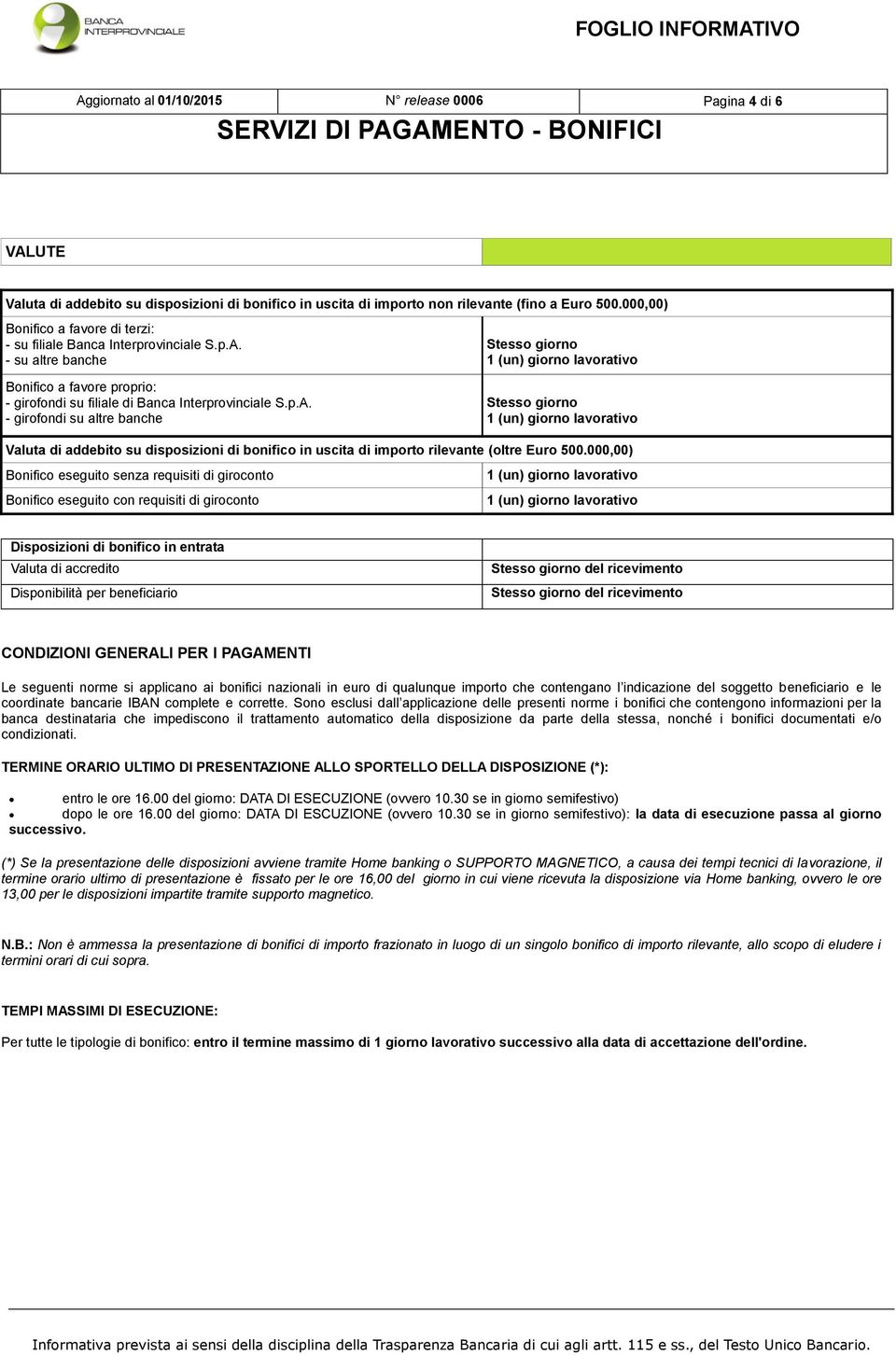 - su altre banche Stesso giorno Bonifico a favore proprio: - girofondi su filiale di Banca Interprovinciale S.p.A.