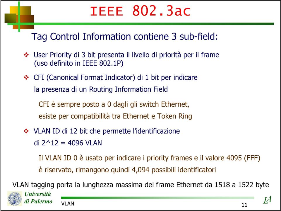per compatibilità tra Ethernet e Token Ring VN ID di 12 bit che permette l identificazione di 2^12 = 4096 VN Il VN ID 0 è usato per indicare i priority frames