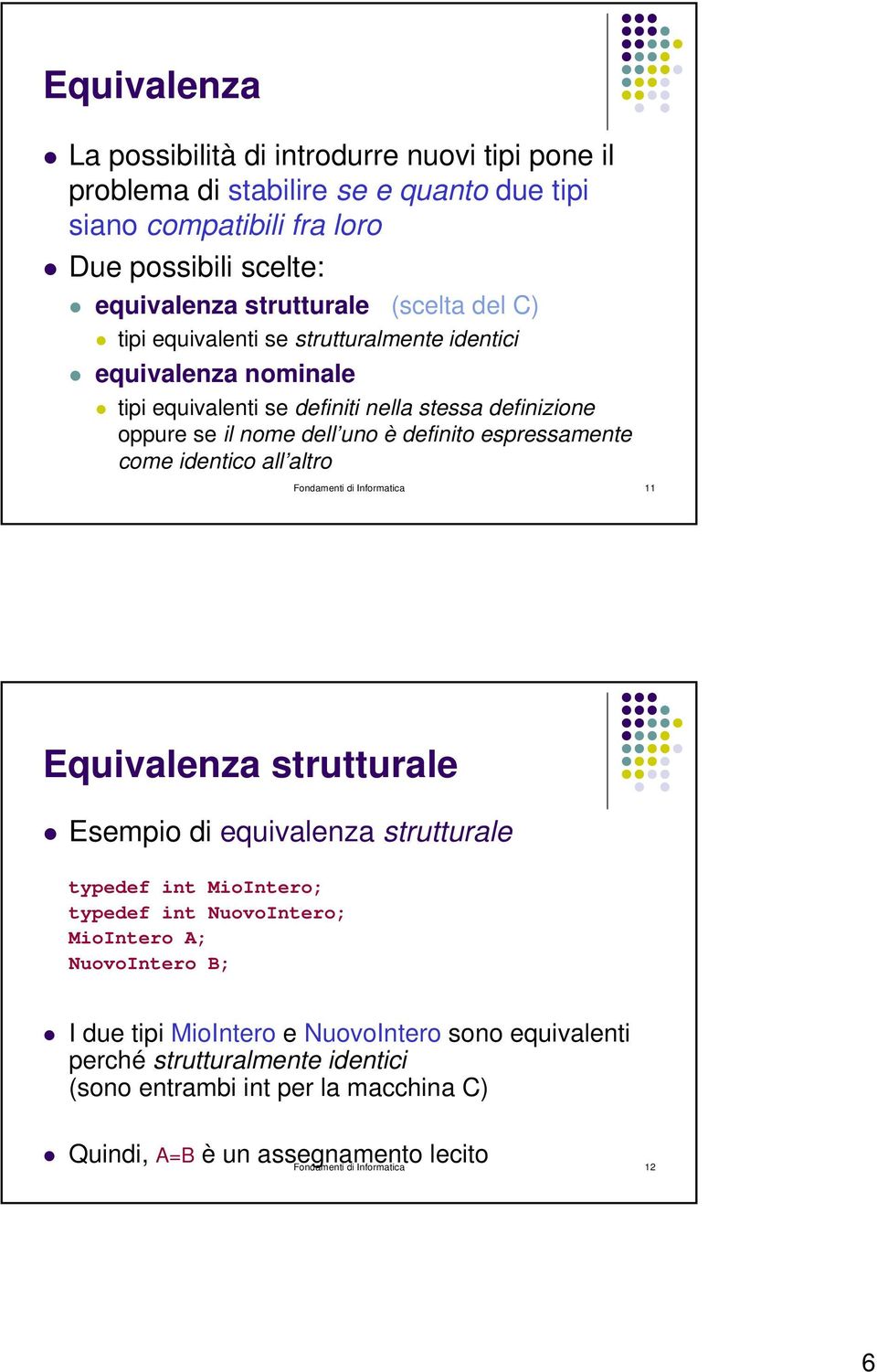 identico all altro Fondamenti di Informatica 11 Equivalenza strutturale Esempio di equivalenza strutturale typedef int MioIntero; typedef int NuovoIntero; MioIntero A; NuovoIntero B; I