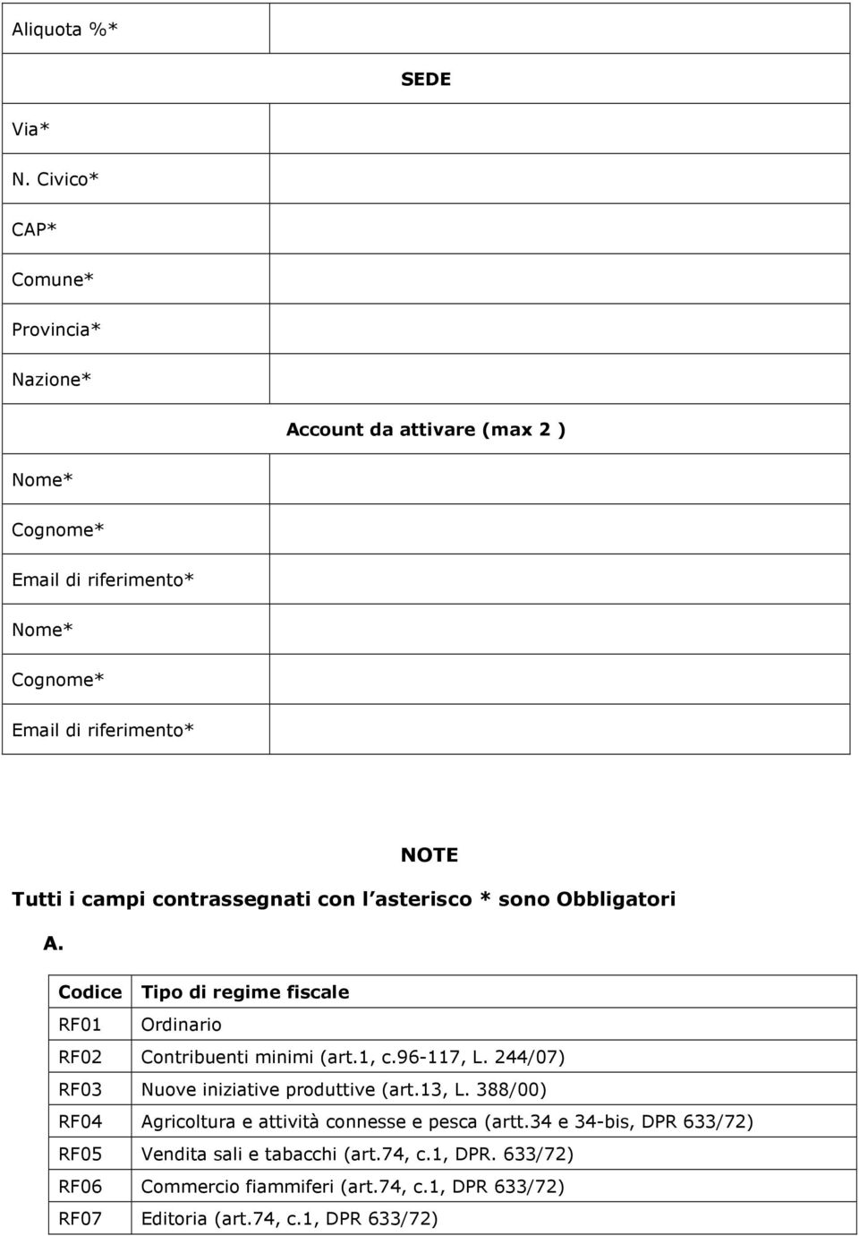 Tutti i campi contrassegnati con l asterisco * sono Obbligatori A. Codice Tipo di regime fiscale RF01 Ordinario RF02 Contribuenti minimi (art.1, c.