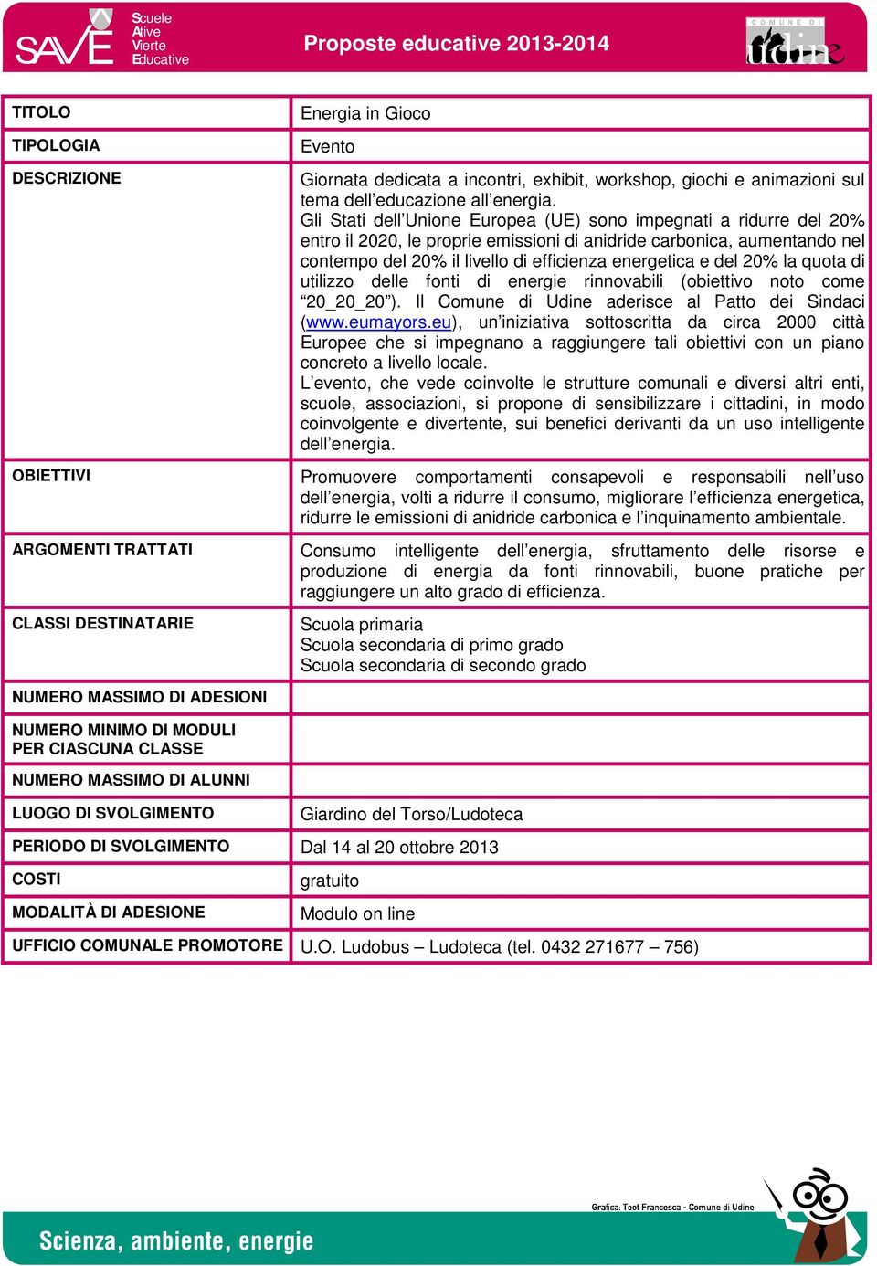 del 20% la quota di utilizzo delle fonti di energie rinnovabili (obiettivo noto come 20_20_20 ). Il Comune di Udine aderisce al Patto dei Sindaci (www.eumayors.