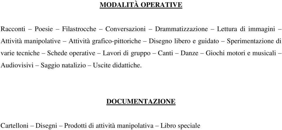 tecniche Schede operative Lavori di gruppo Canti Danze Giochi motori e musicali Audiovisivi Saggio