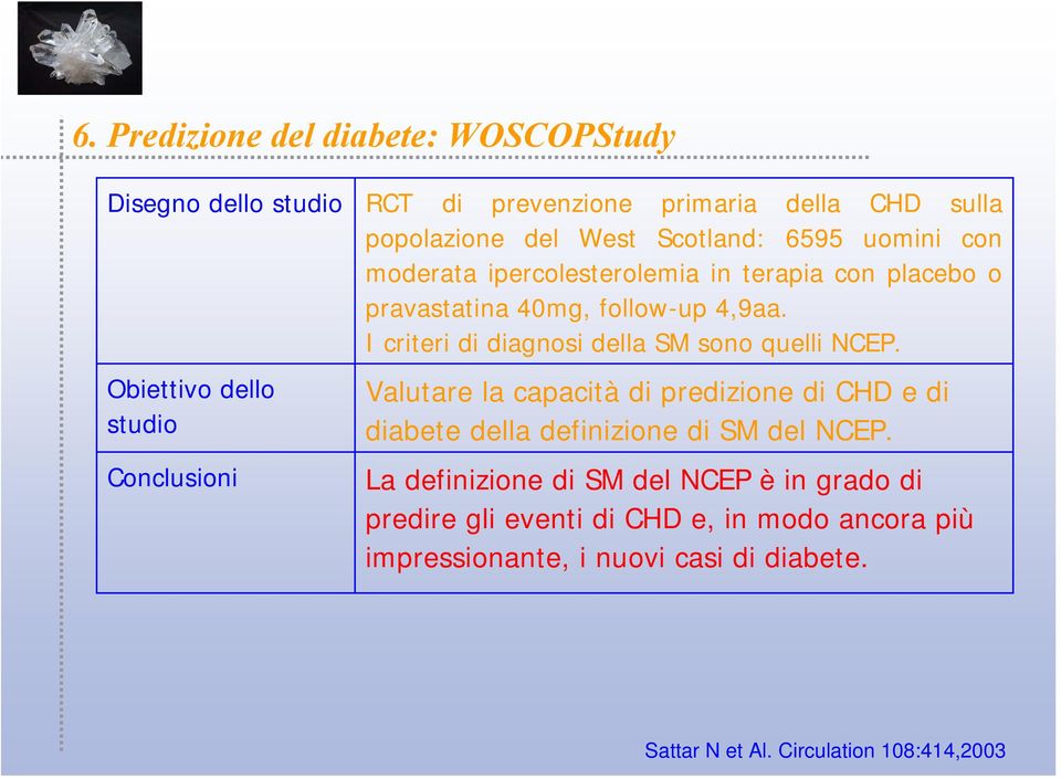 Obiettivo dello studio Conclusioni Valutare la capacità di predizione di CHD e di diabete della definizione di SM del NCEP.