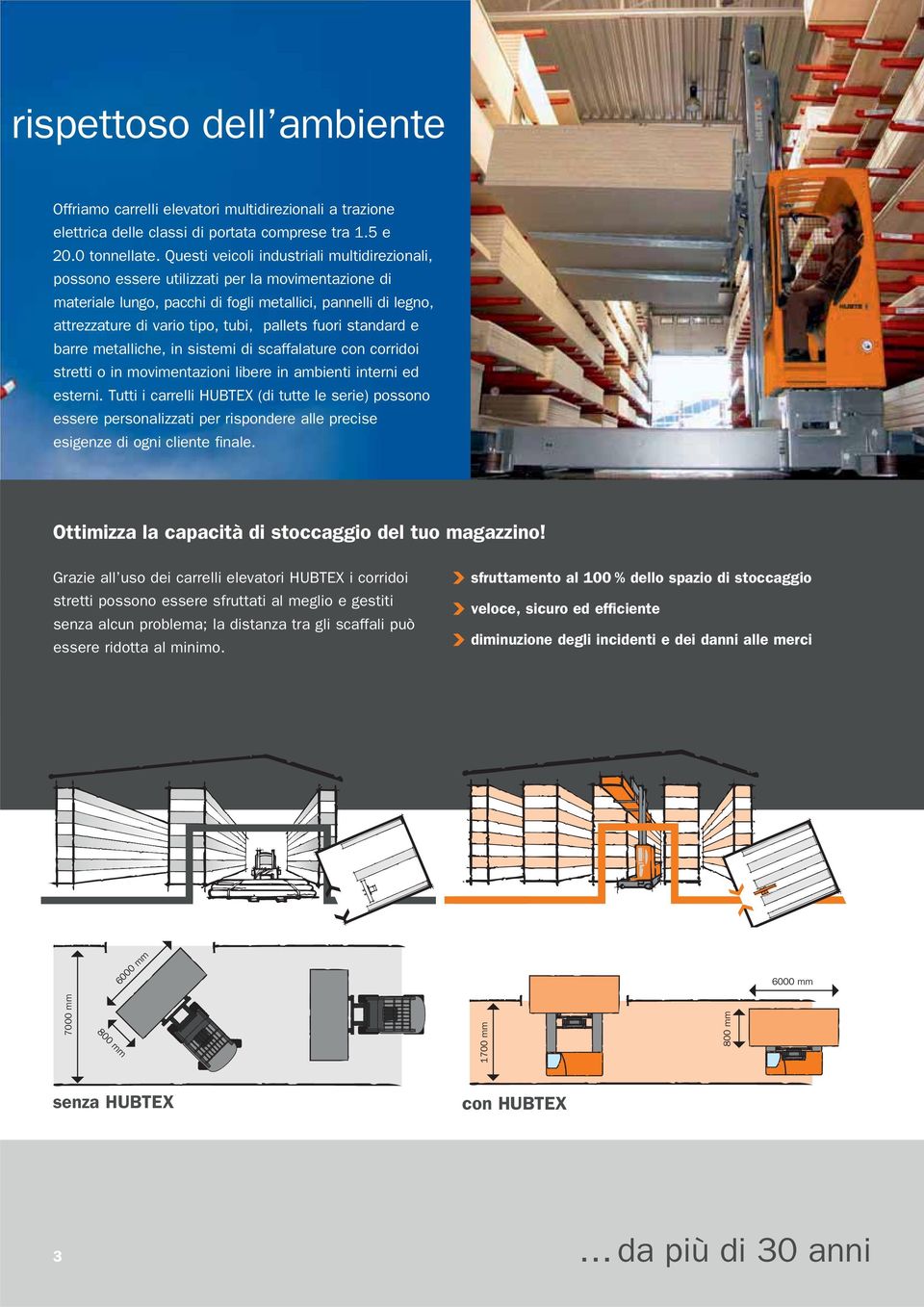 pallets fuori standard e barre metalliche, in sistemi di scaffalature con corridoi stretti o in movimentazioni libere in ambienti interni ed esterni.