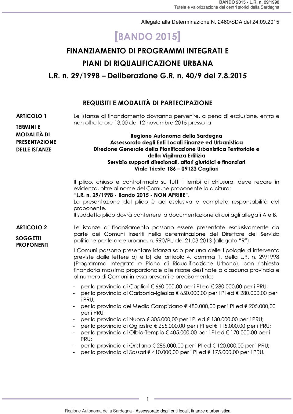 2015 REQUISITI E MODALITÀ DI PARTECIPAZIONE ARTICOLO 1 TERMINI E MODALITÀ DI PRESENTAZIONE DELLE ISTANZE Le istanze di finanziamento dovranno pervenire, a pena di esclusione, entro e non oltre le ore