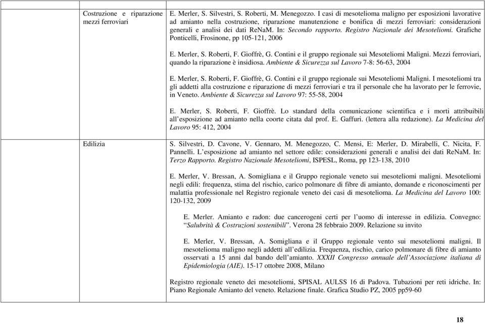 In: Secondo rapporto. Registro Nazionale dei Mesoteliomi. Grafiche Ponticelli, Frosinone, pp 105-121, 2006 E. Merler, S. Roberti, F. Gioffrè, G. Contini e il gruppo regionale sui Mesoteliomi Maligni.