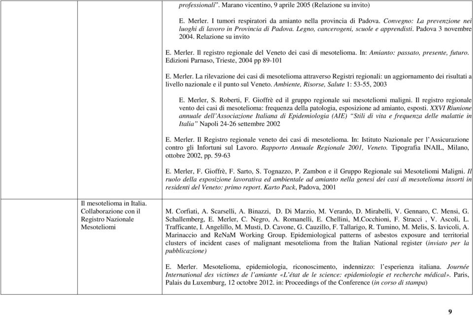 Il registro regionale del Veneto dei casi di mesotelioma. In: Amianto: passato, presente, futuro. Edizioni Parnaso, Trieste, 2004 pp 89-101 E. Merler.