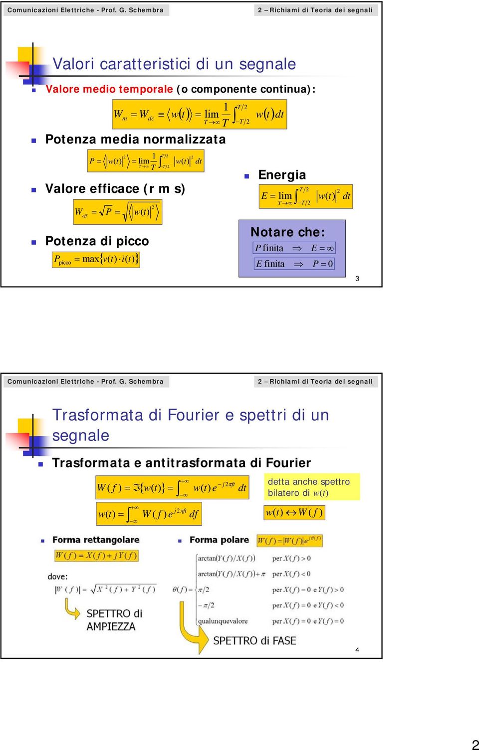 d Energia E lim T P inia T T Noare che: w( E E inia P 0 d 3 Richiami di Teoria dei segnali Trasormaa di Fourier e speri