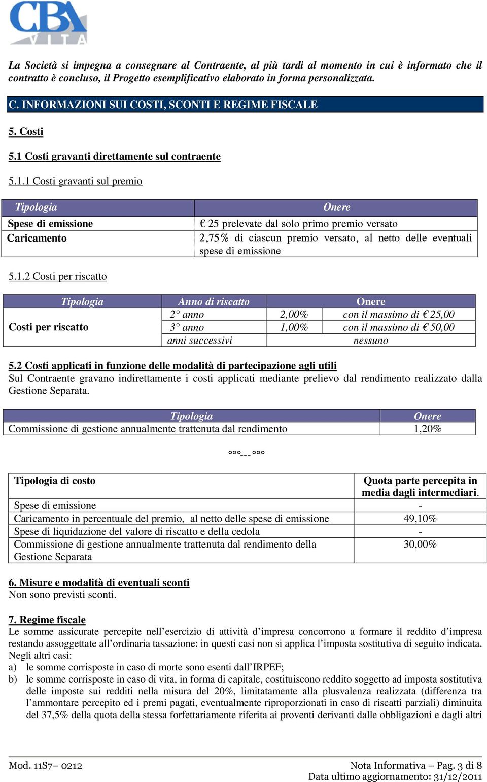 2 Costi applicati in funzione delle modalità di partecipazione agli utili Sul Contraente gravano indirettamente i costi applicati mediante prelievo dal rendimento realizzato dalla Gestione Separata.