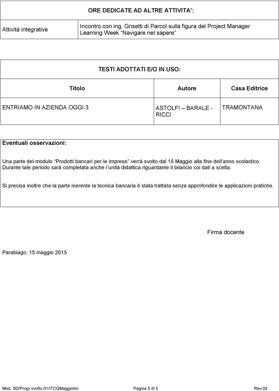 - RICCI TRAMONTANA Eventuali osservazioni: Una parte del modulo Prodotti bancari per le imprese verrà svolto dal 15 Maggio alla fine dell anno scolastico.