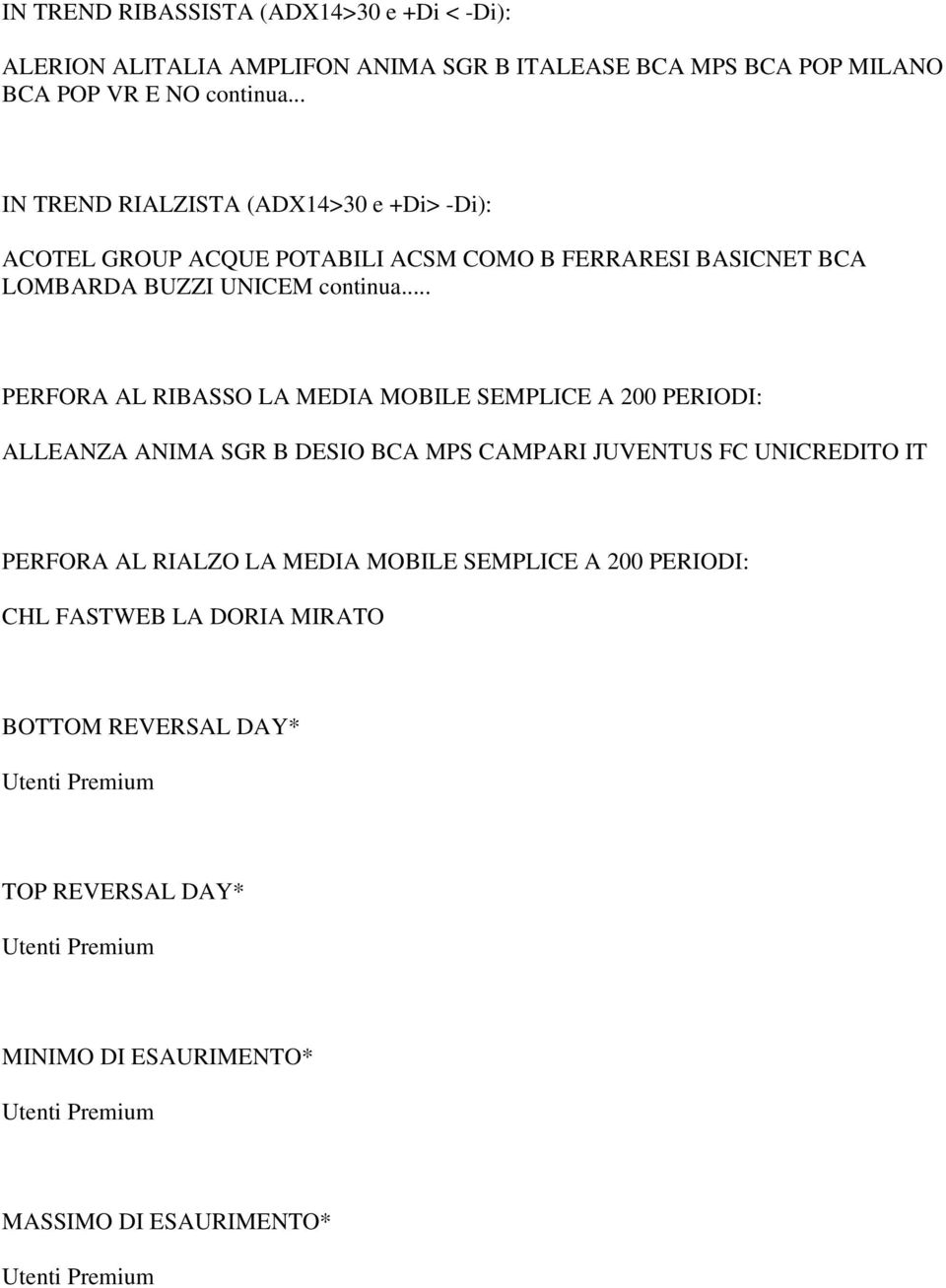 .. PERFORA AL RIBASSO LA MEDIA MOBILE SEMPLICE A 200 PERIODI: ALLEANZA ANIMA SGR B DESIO BCA MPS CAMPARI JUVENTUS FC UNICREDITO IT PERFORA AL