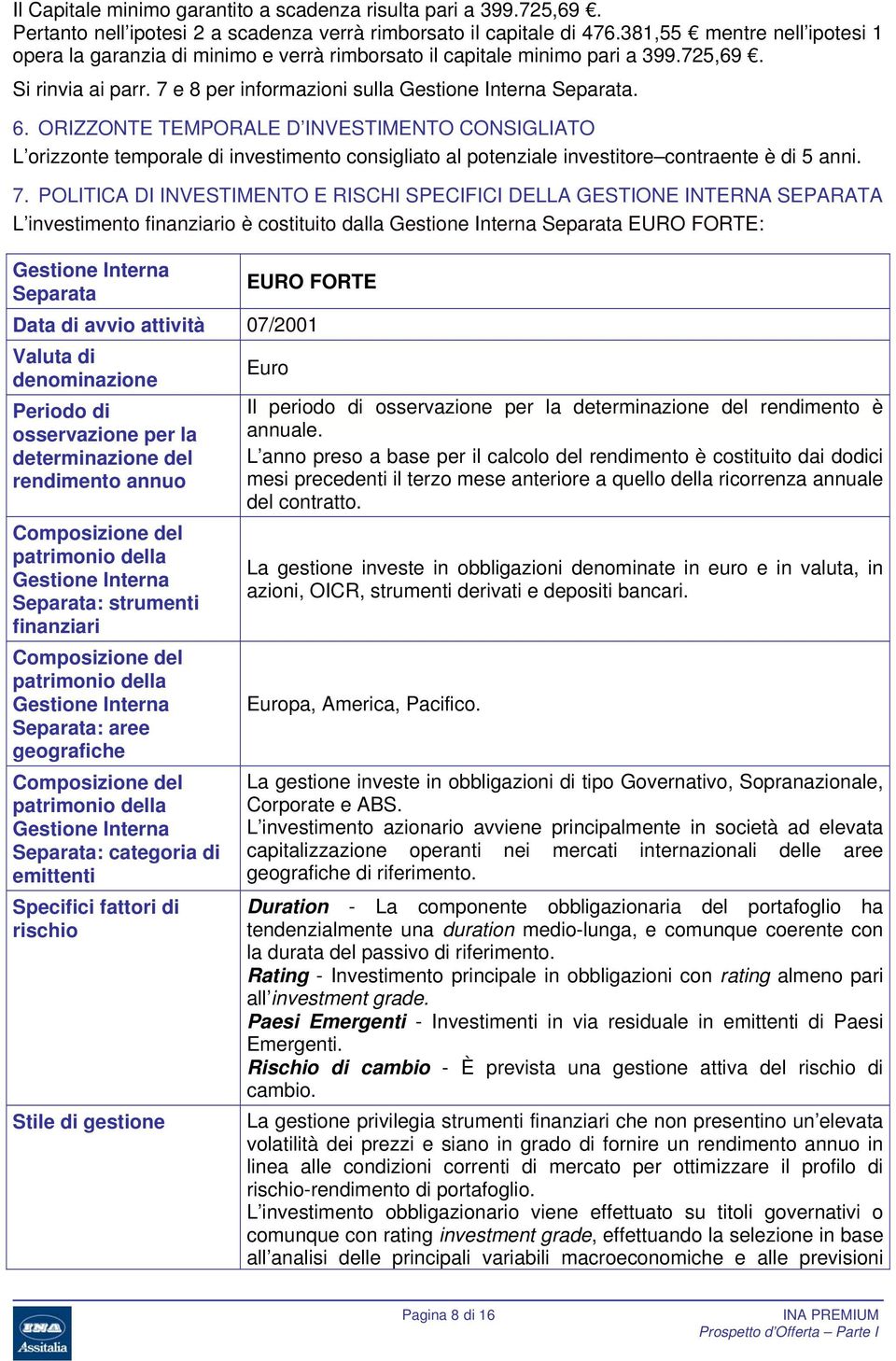 ORIZZONTE TEMPORALE D INVESTIMENTO CONSIGLIATO L orizzonte temporale di investimento consigliato al potenziale investitore contraente è di 5 anni. 7.