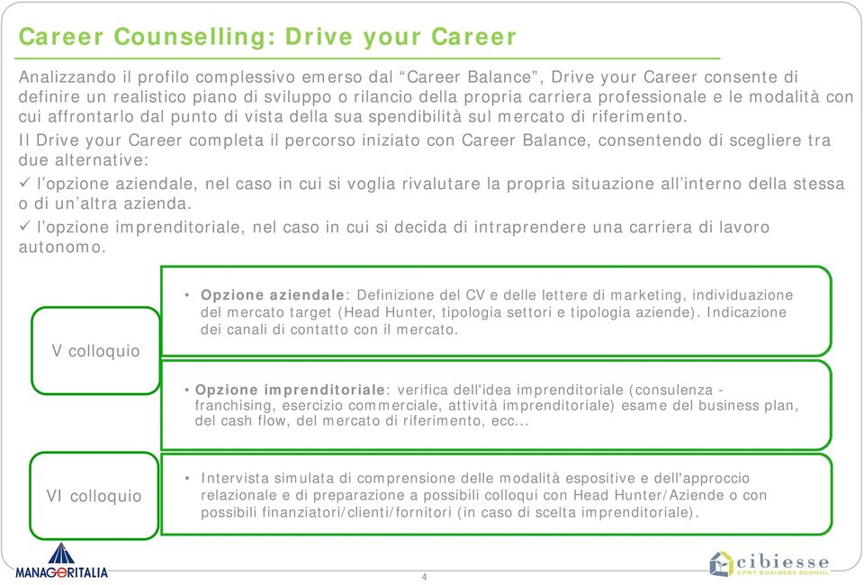 Il Drive your Career completa il percorso iniziato con Career Balance, consentendo di scegliere tra due alternative: l opzione aziendale, nel caso in cui si voglia rivalutare la propria situazione