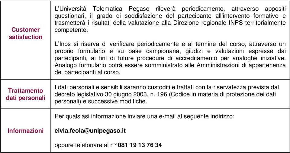 L Inps si riserva di verificare periodicamente e al termine del corso, attraverso un proprio formulario e su base campionaria, giudizi e valutazioni espresse dai partecipanti, ai fini di future