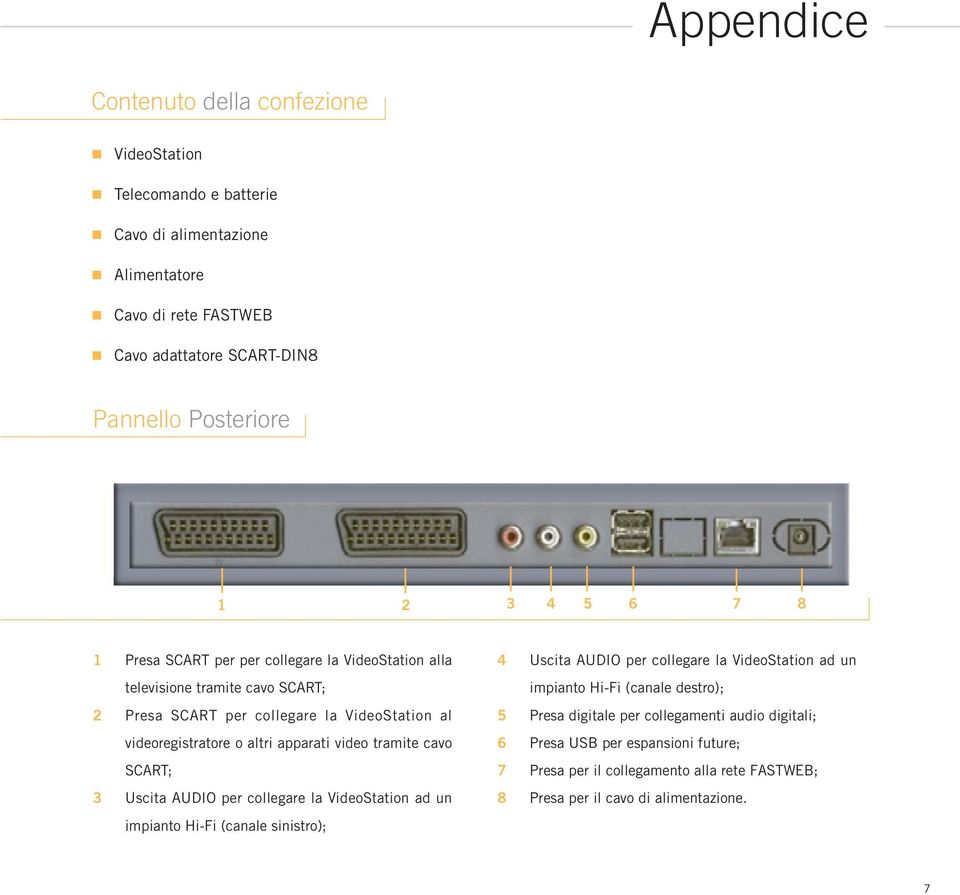 video tramite cavo SCART; 3 Uscita AUDIO per collegare la VideoStation ad un impianto Hi-Fi (canale sinistro); 4 Uscita AUDIO per collegare la VideoStation ad un impianto Hi-Fi