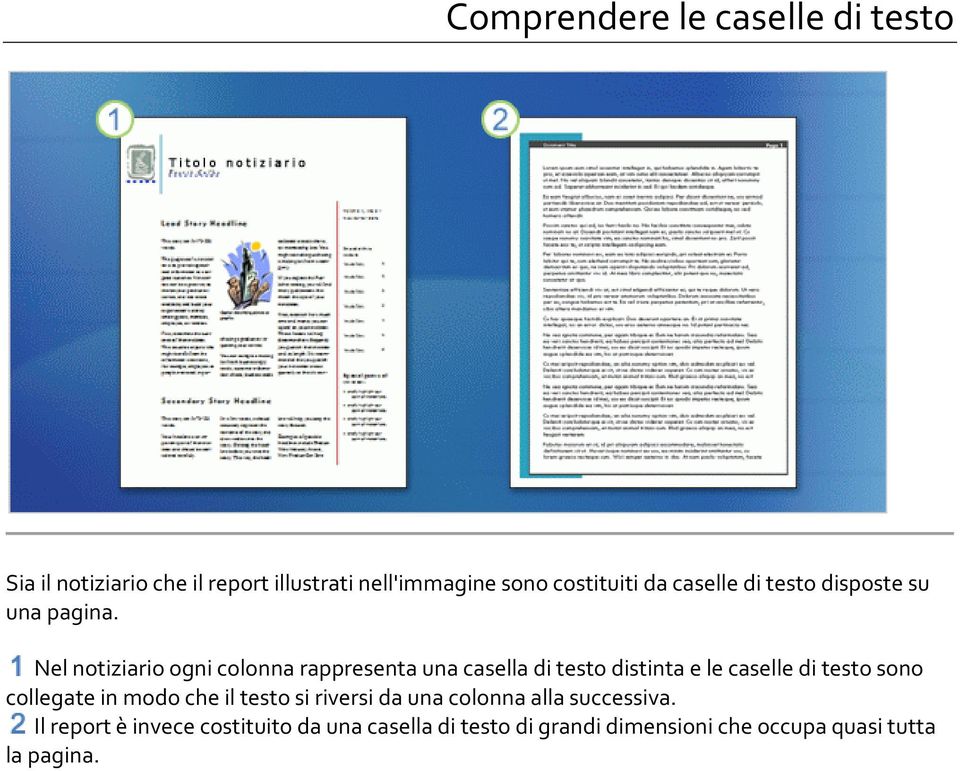 Nel notiziario ogni colonna rappresenta una casella di testo distinta e le caselle di testo sono collegate