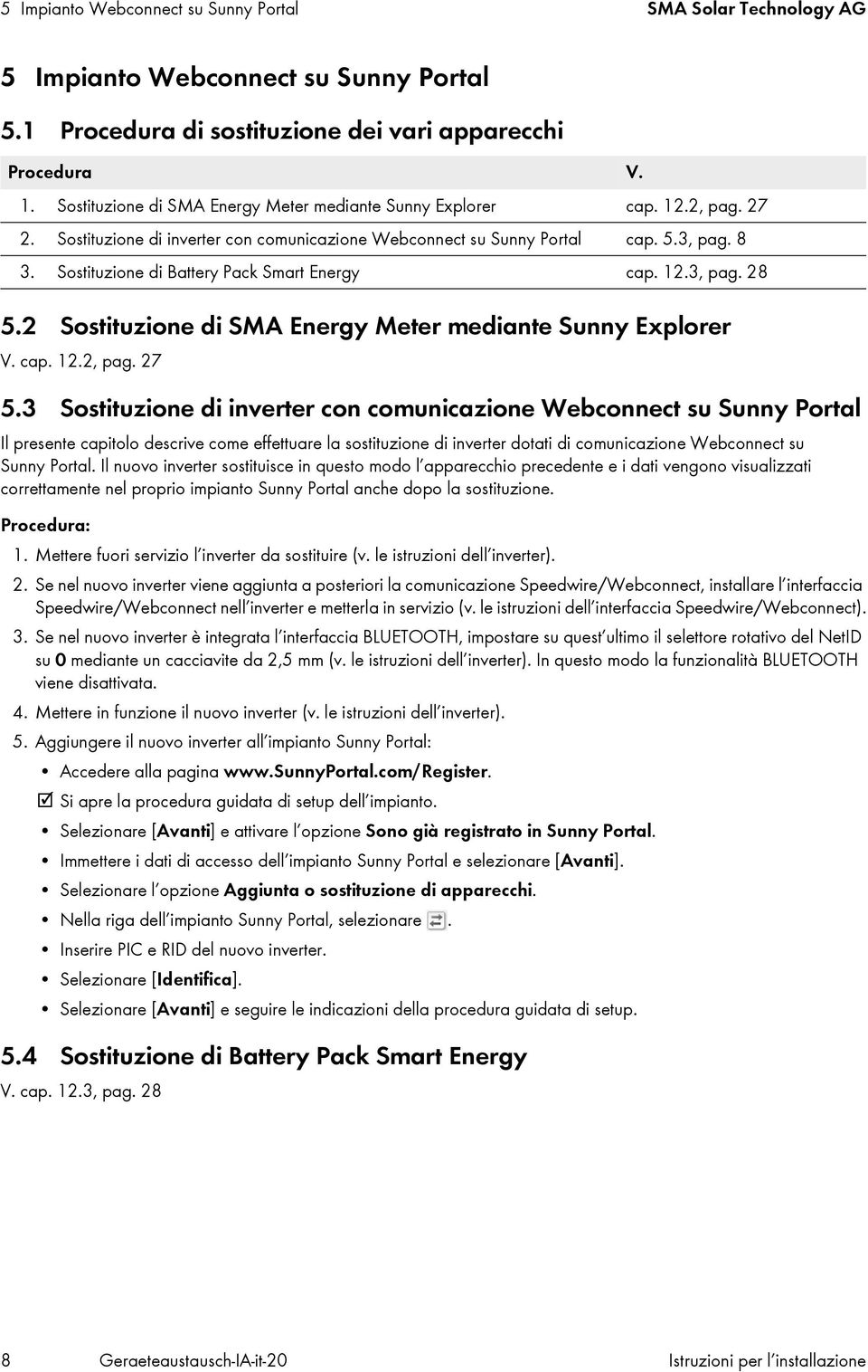 Sostituzione di Battery Pack Smart Energy cap. 12.3, pag. 28 5.2 Sostituzione di SMA Energy Meter mediante Sunny Explorer V. cap. 12.2, pag. 27 5.