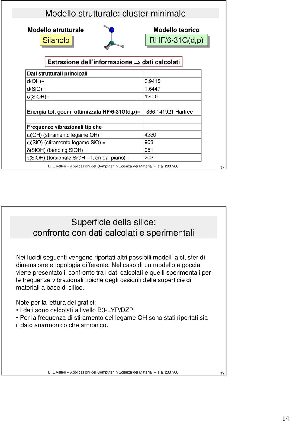 141921 artree Frequenze vibrazionali tipiche ω() (stiramento legame ) = 4230 ω() (stiramento legame ) = 903 δ() (bending ) = 951 τ() (torsionale fuori dal piano) = 203 27 Superficie della silice: