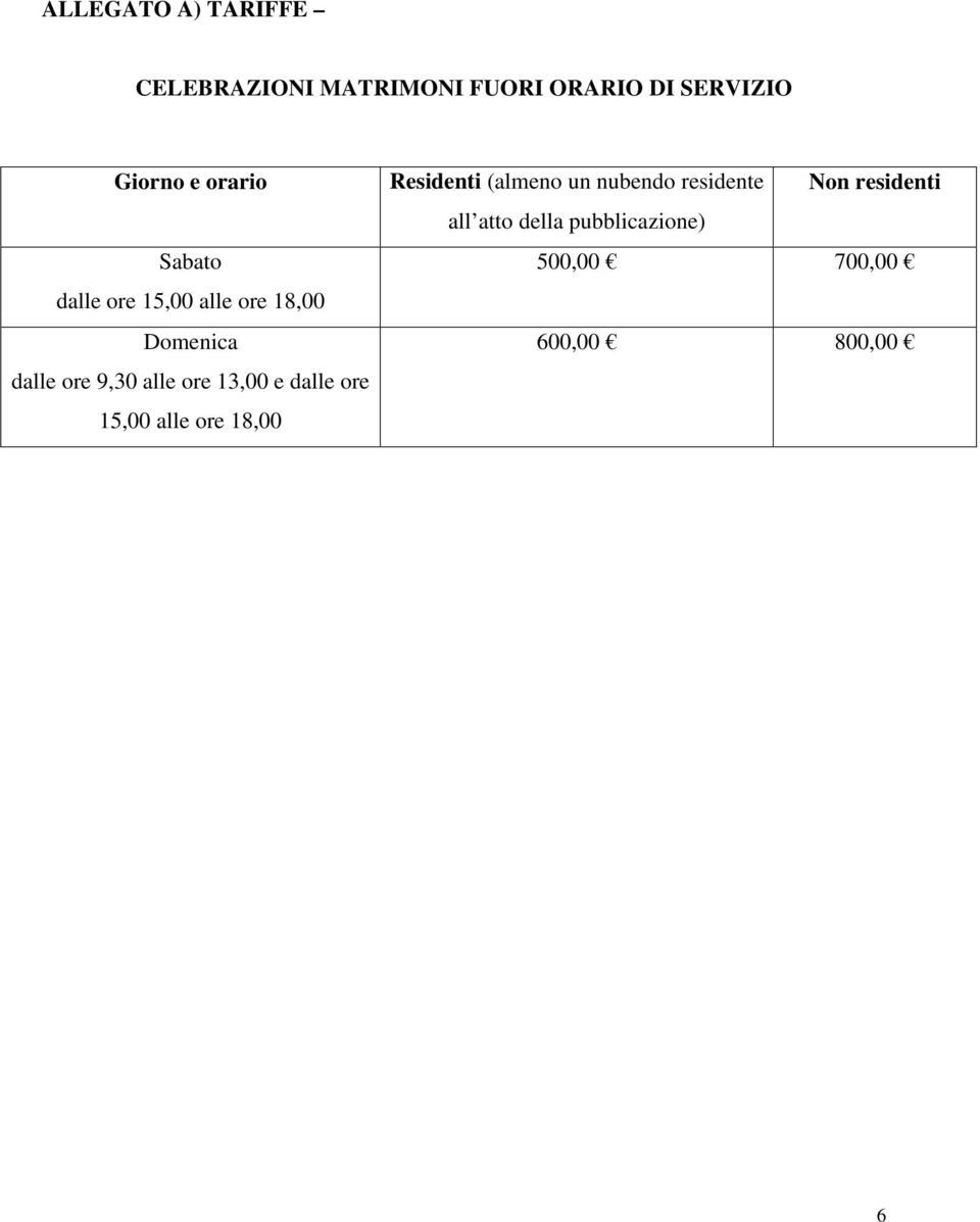 ore 13,00 e dalle ore 15,00 alle ore 18,00 Residenti (almeno un nubendo