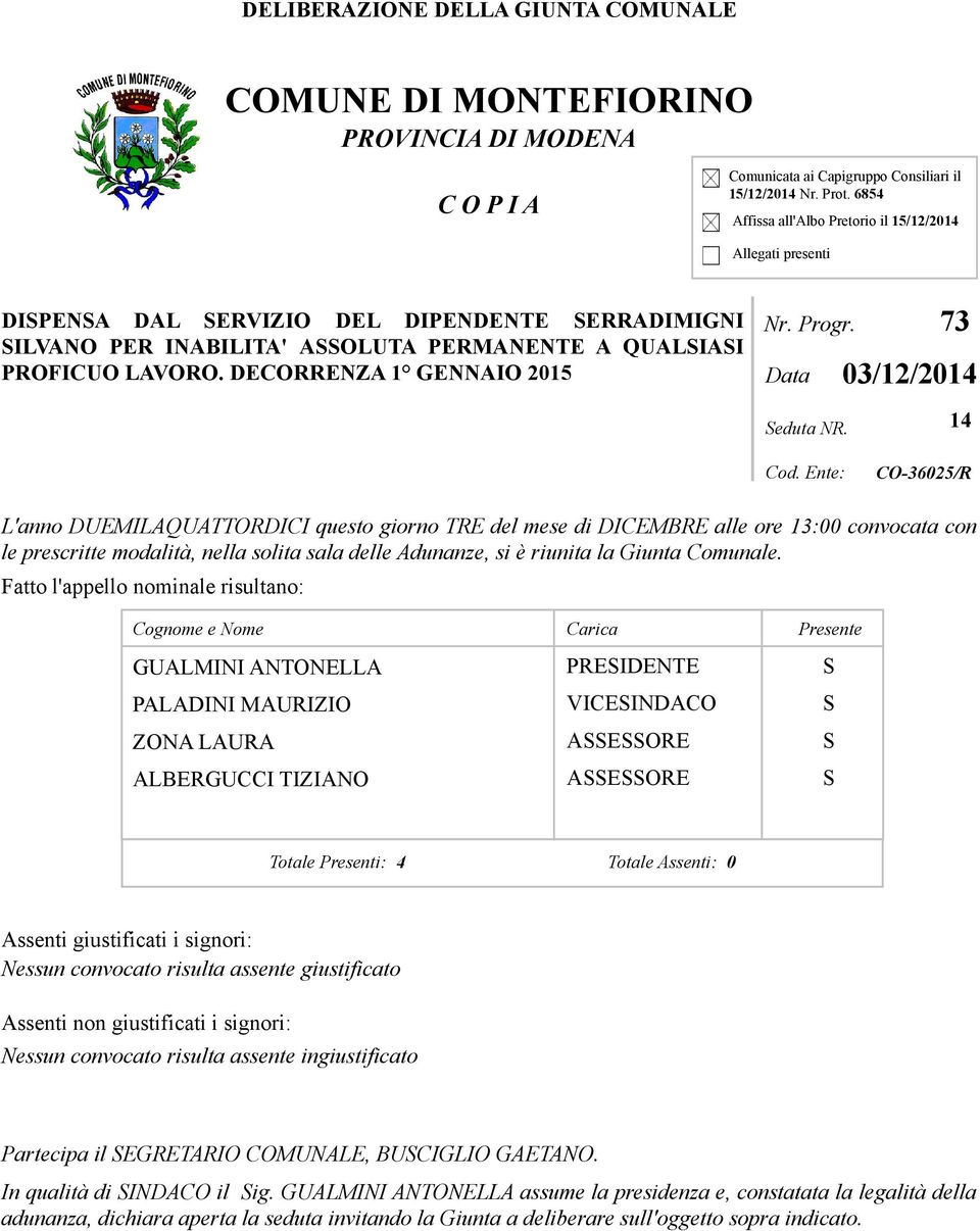 DECORRENZA 1 GENNAIO 2015 Nr. Progr. Data 73 03/12/2014 eduta NR. Cod.