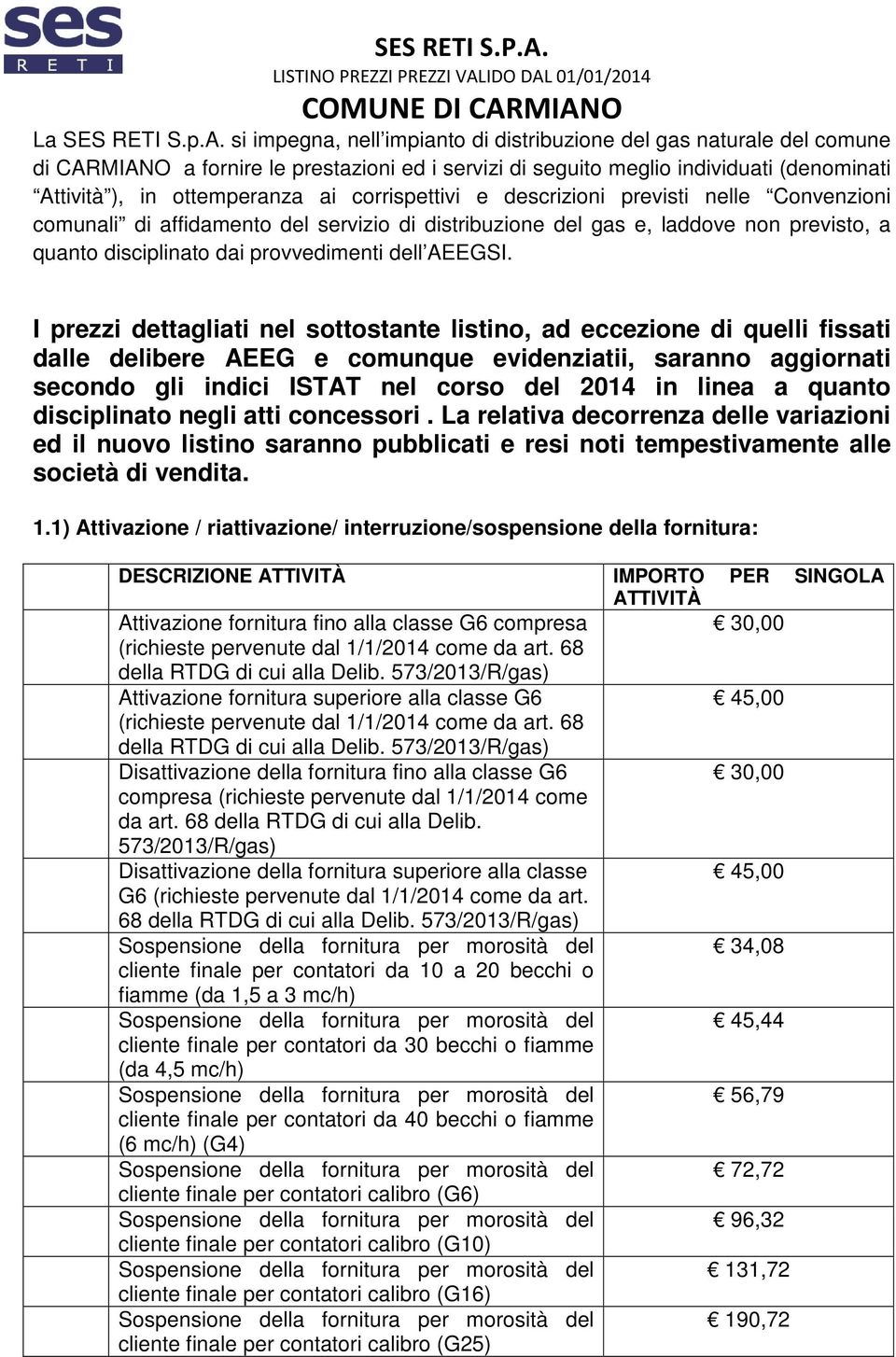 corrispettivi e descrizioni previsti nelle Convenzioni comunali di affidamento del servizio di distribuzione del gas e, laddove non previsto, a quanto disciplinato dai provvedimenti dell AEEGSI.