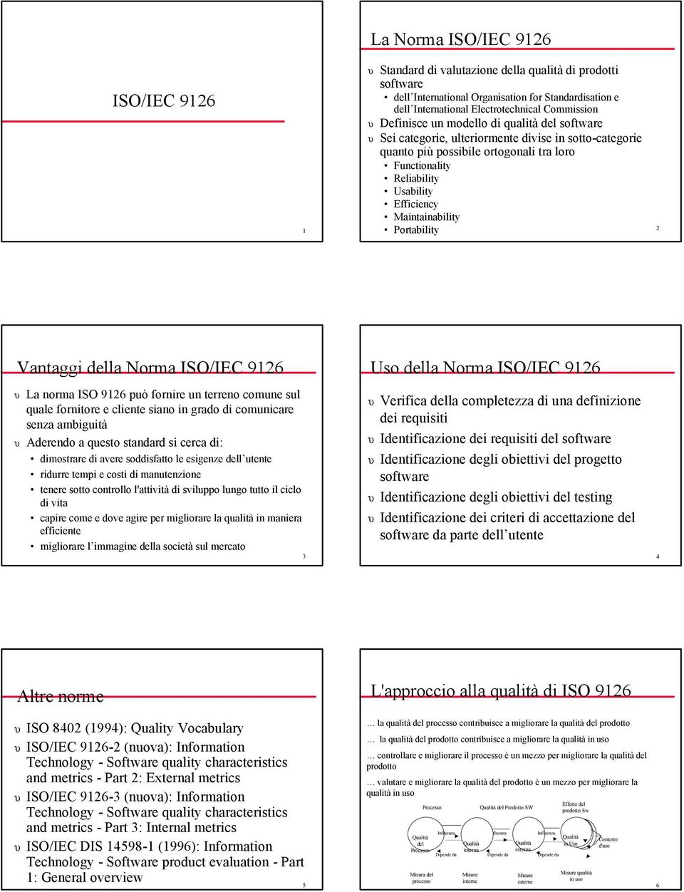 Usability Efficiency Maintainability Portability 2 Vantaggi della Norma ISO/IEC 9126 υ La norma ISO 9126 può fornire un terreno comune sul quale fornitore e cliente siano in grado di comunicare senza