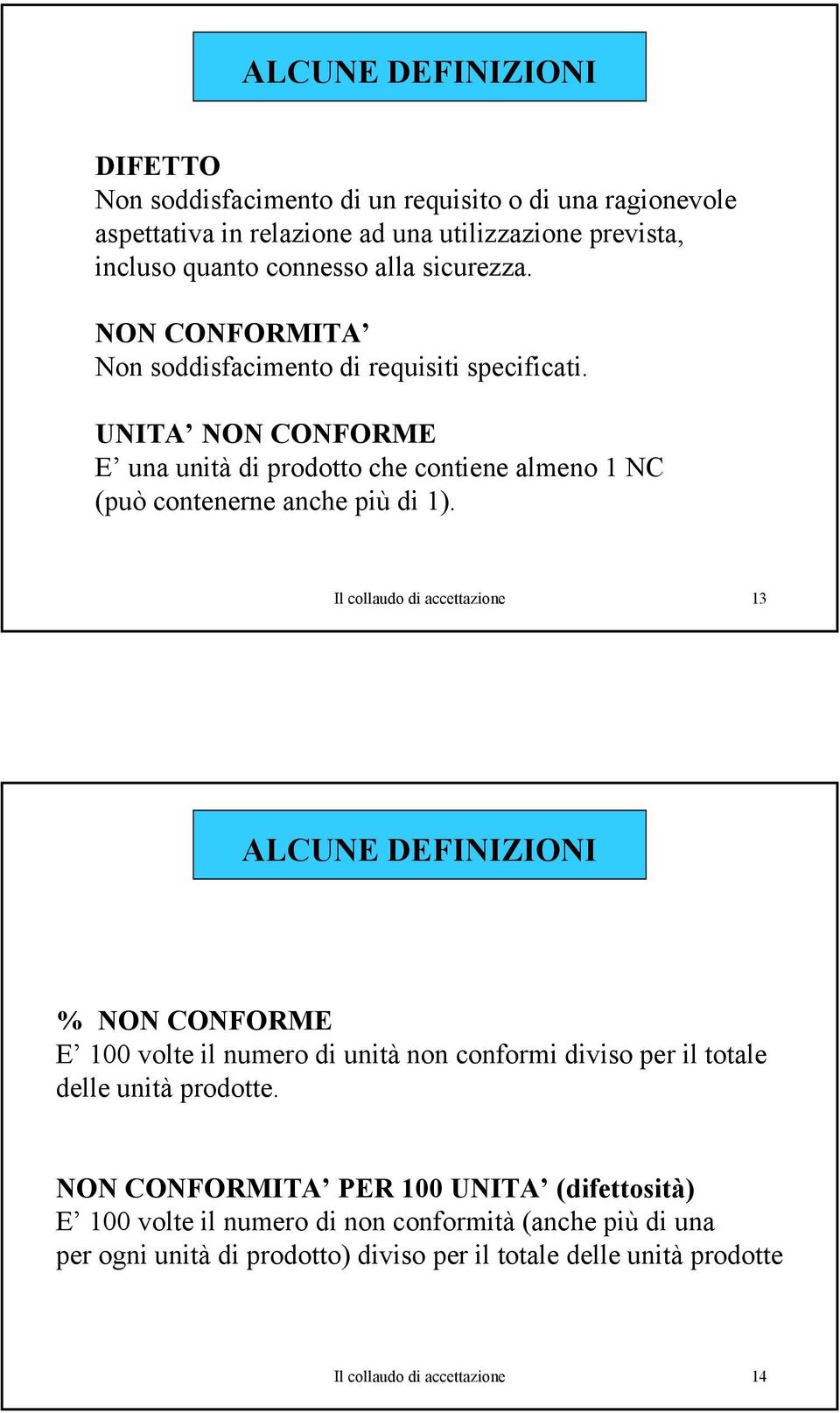 Il collaudo di accettazione 13 ALCUNE DEFINIZIONI % NON CONFORME E 100 volte il numero di unità non conformi diviso per il totale delle unità prodotte.