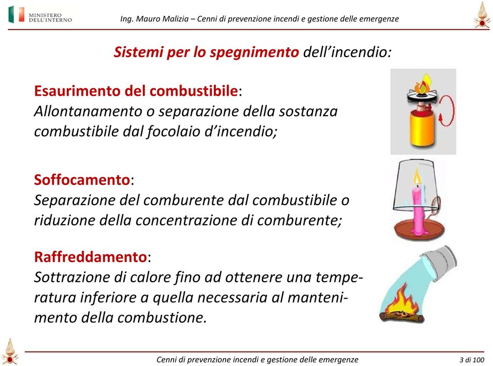 riduzione della concentrazione di comburente; Raffreddamento: Sottrazione di calore fino ad ottenere una