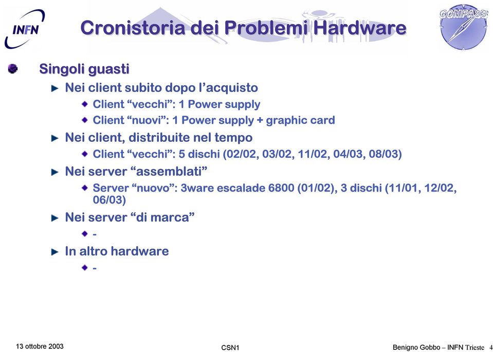 : 5 dischi (02/02, 03/02, 11/02, 04/03, 08/03) Nei server assemblati Server nuovo : 3ware escalade 6800